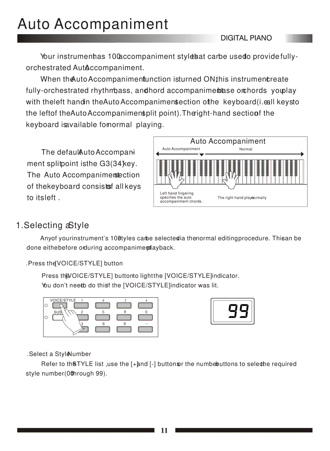 Adagio Teas PDP100 manual Auto Accompaniment, Selecting a Style, Press the VOICE/STYLE button, Select a Style Number 