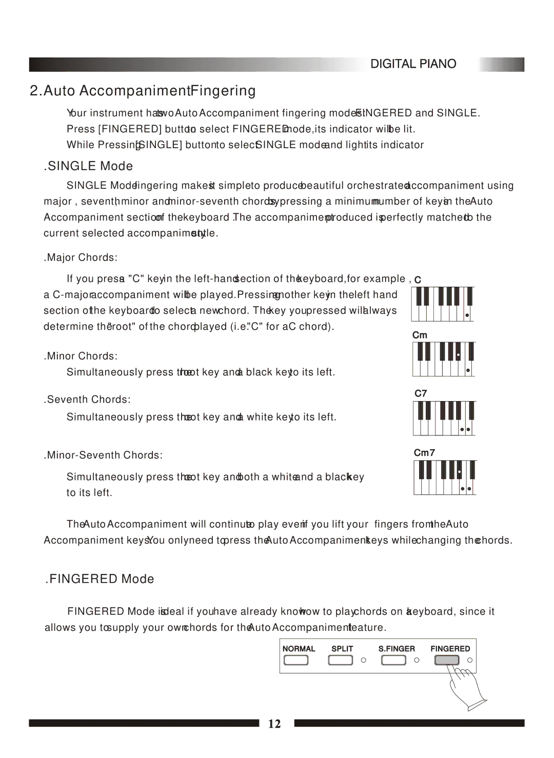 Adagio Teas PDP100 manual Auto Accompaniment Fingering, Single Mode, Fingered Mode 