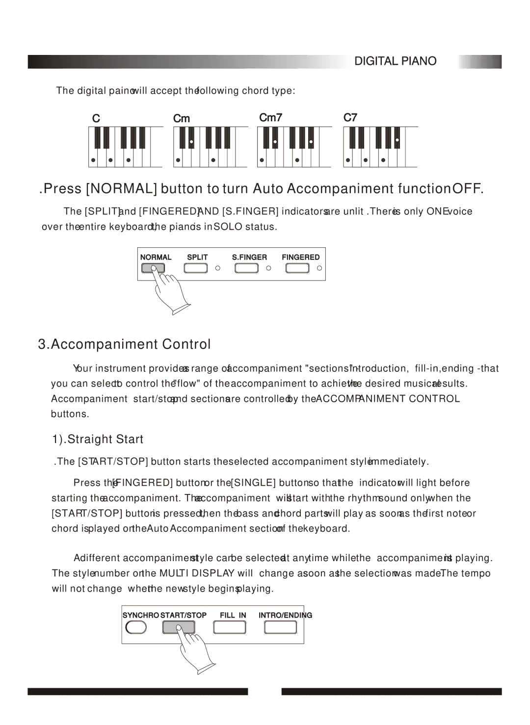 Adagio Teas PDP100 Press Normal button to turn Auto Accompaniment function OFF, Accompaniment Control, Straight Start 