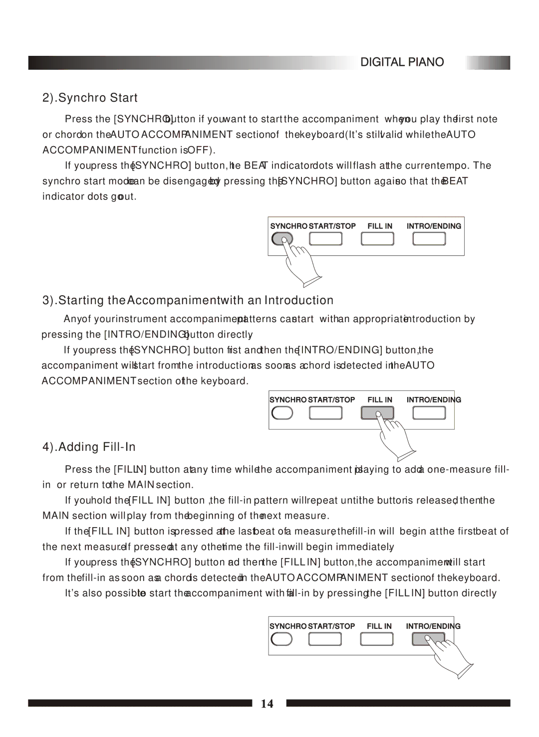 Adagio Teas PDP100 manual Synchro Start, Starting the Accompaniment with an Introduction, Adding Fill-In 