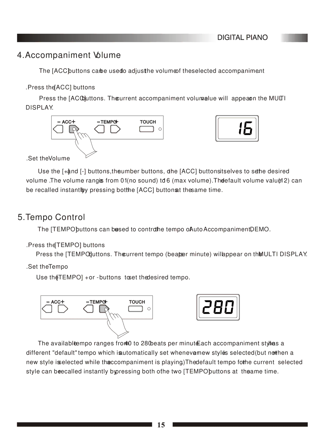 Adagio Teas PDP100 manual Accompaniment Volume, Tempo Control 