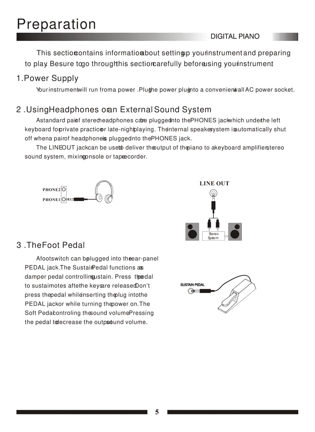 Adagio Teas PDP100 manual Preparation, Power Supply, Using Headphones or an External Sound System, Foot Pedal 