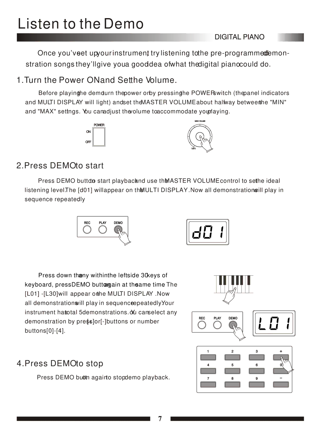 Adagio Teas PDP100 manual Listen to the Demo, Turn the Power on and Set the Volume, Press Demo to start, Press Demo to stop 