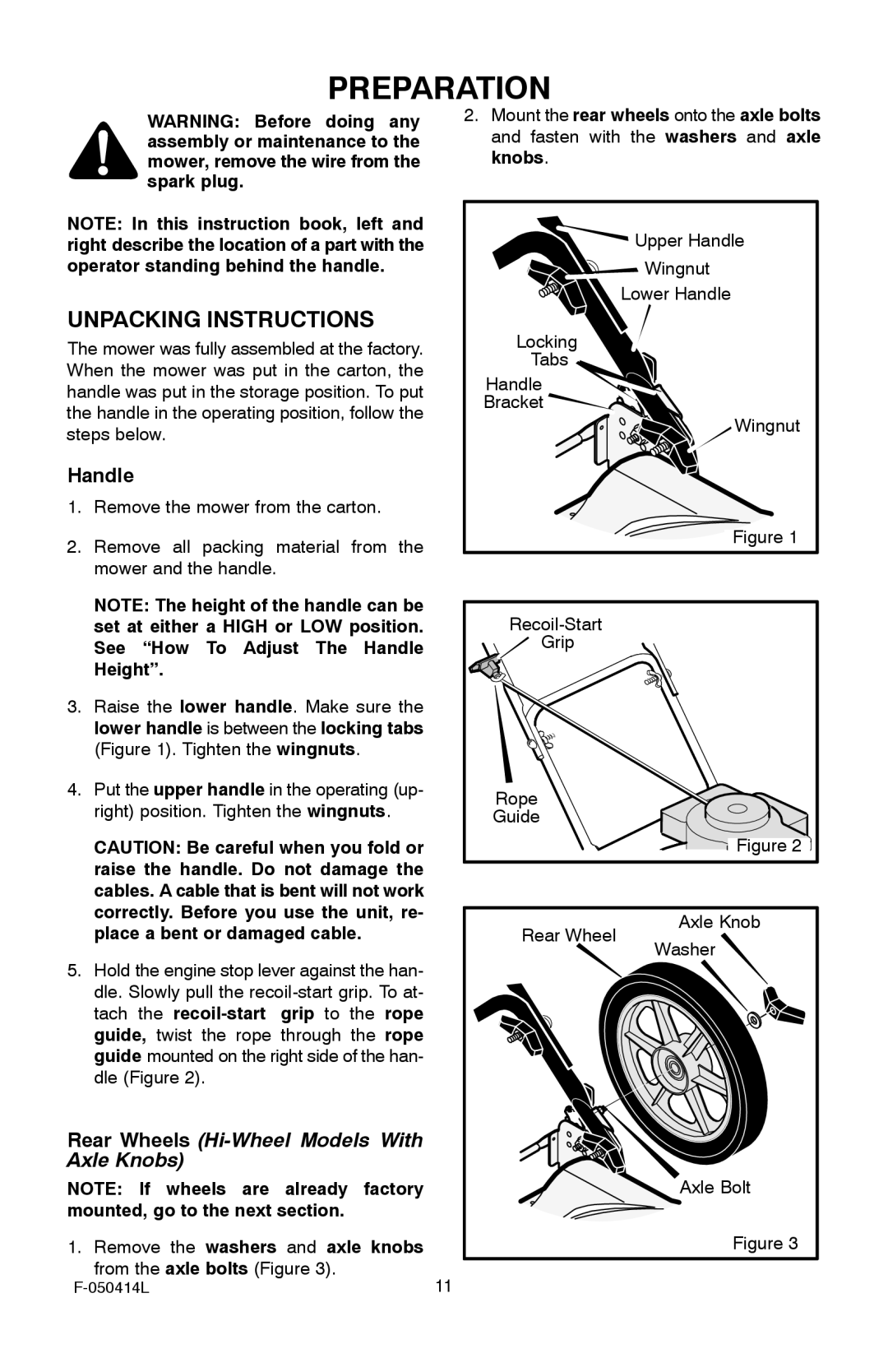 Adams 22 manual Preparation, Unpacking Instructions, Handle, Remove the washers and axle knobs 