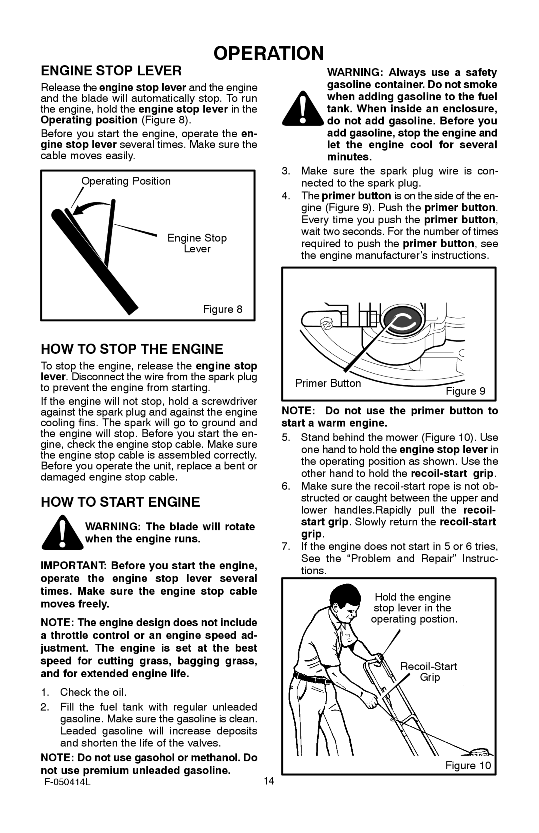 Adams 22 manual Operation, Engine Stop Lever, HOW to Stop the Engine, HOW to Start Engine 