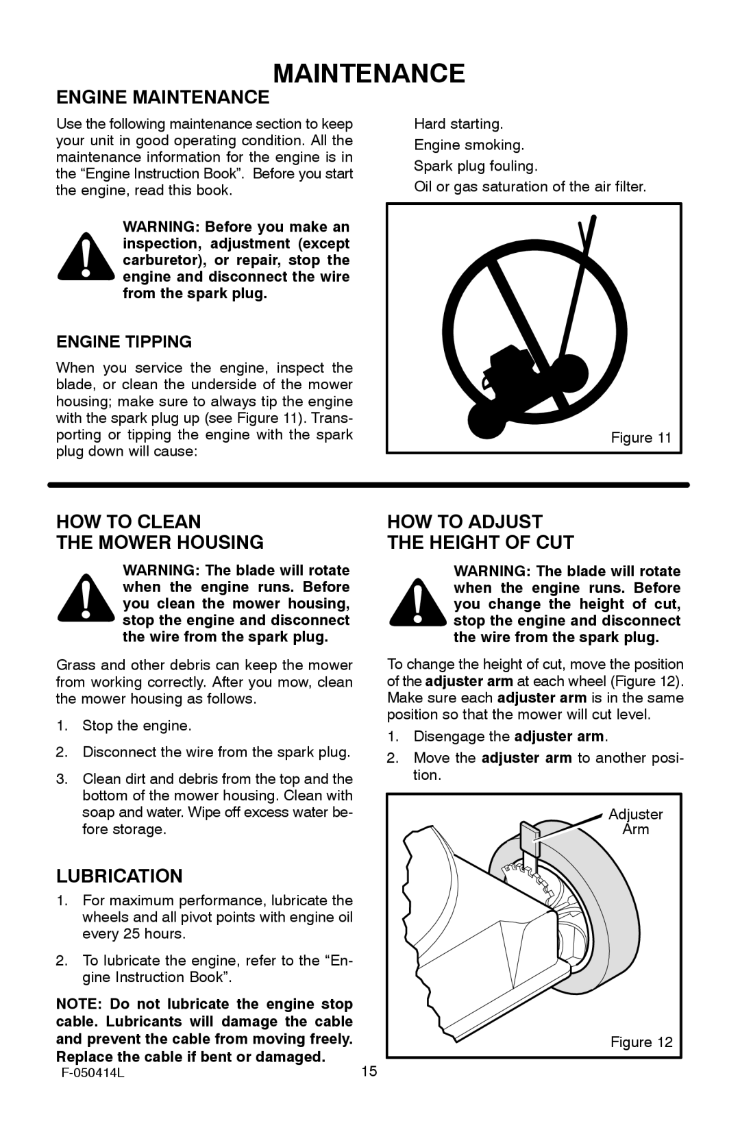 Adams 22 manual Engine Maintenance, HOW to Clean HOW to Adjust Mower Housing Height of CUT, Lubrication 