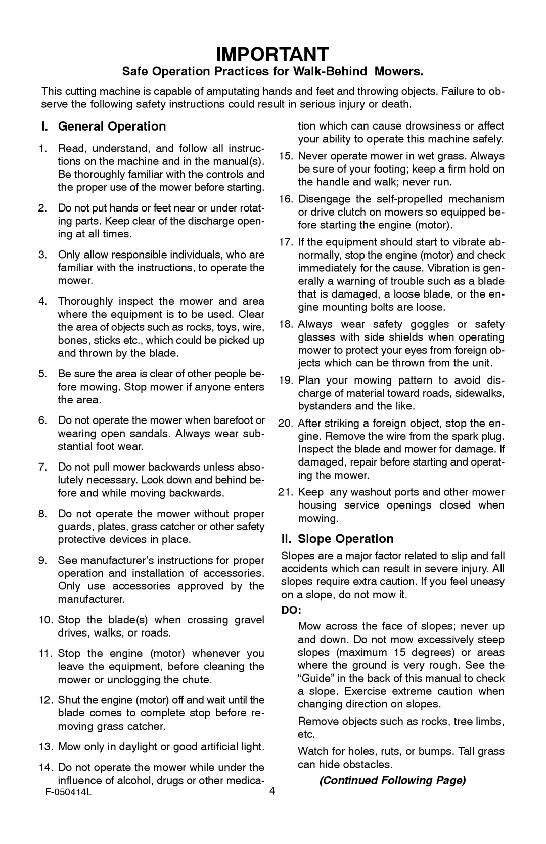 Adams 22 manual Safe Operation Practices for Walk-Behind Mowers, General Operation, II. Slope Operation 