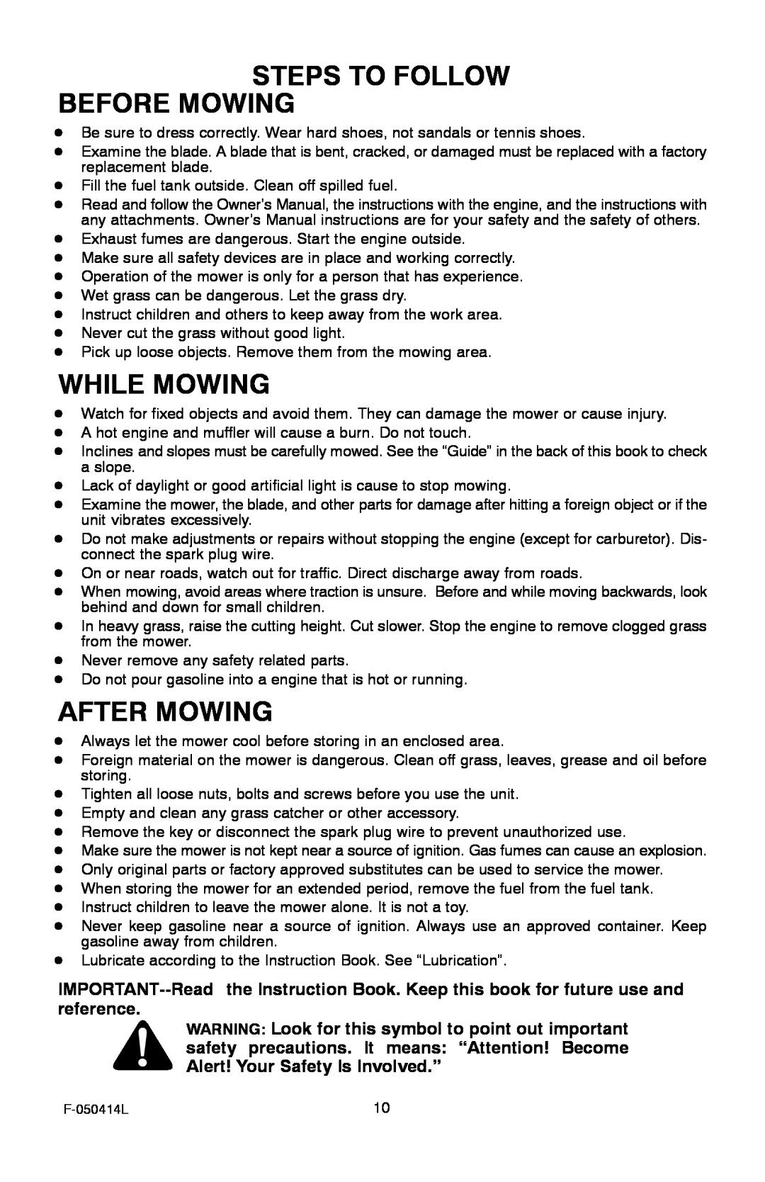 Adams 22 manual Steps To Follow Before Mowing, While Mowing, After Mowing 