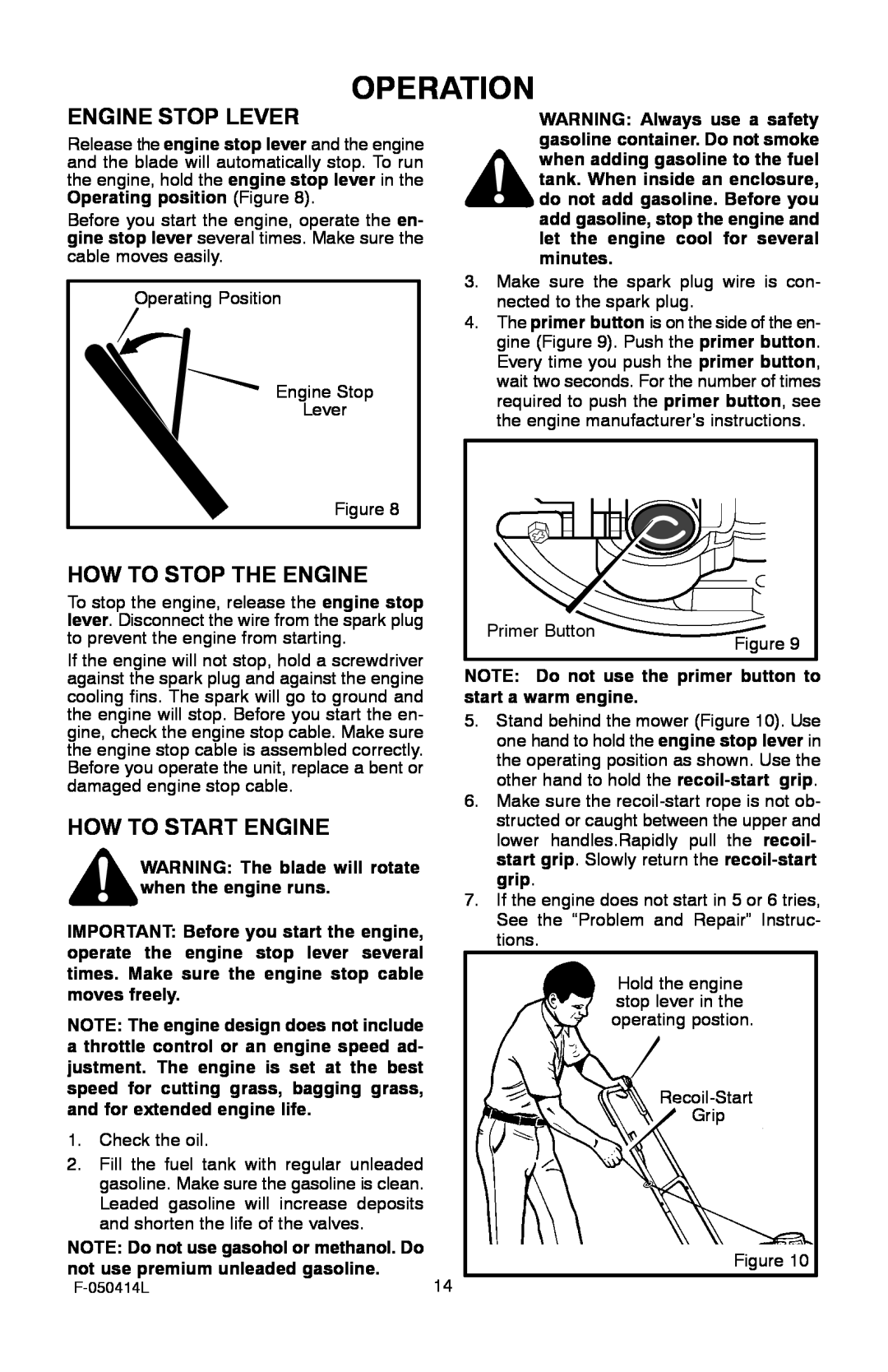 Adams 22 manual Operation, Engine Stop Lever, How To Stop The Engine, How To Start Engine 