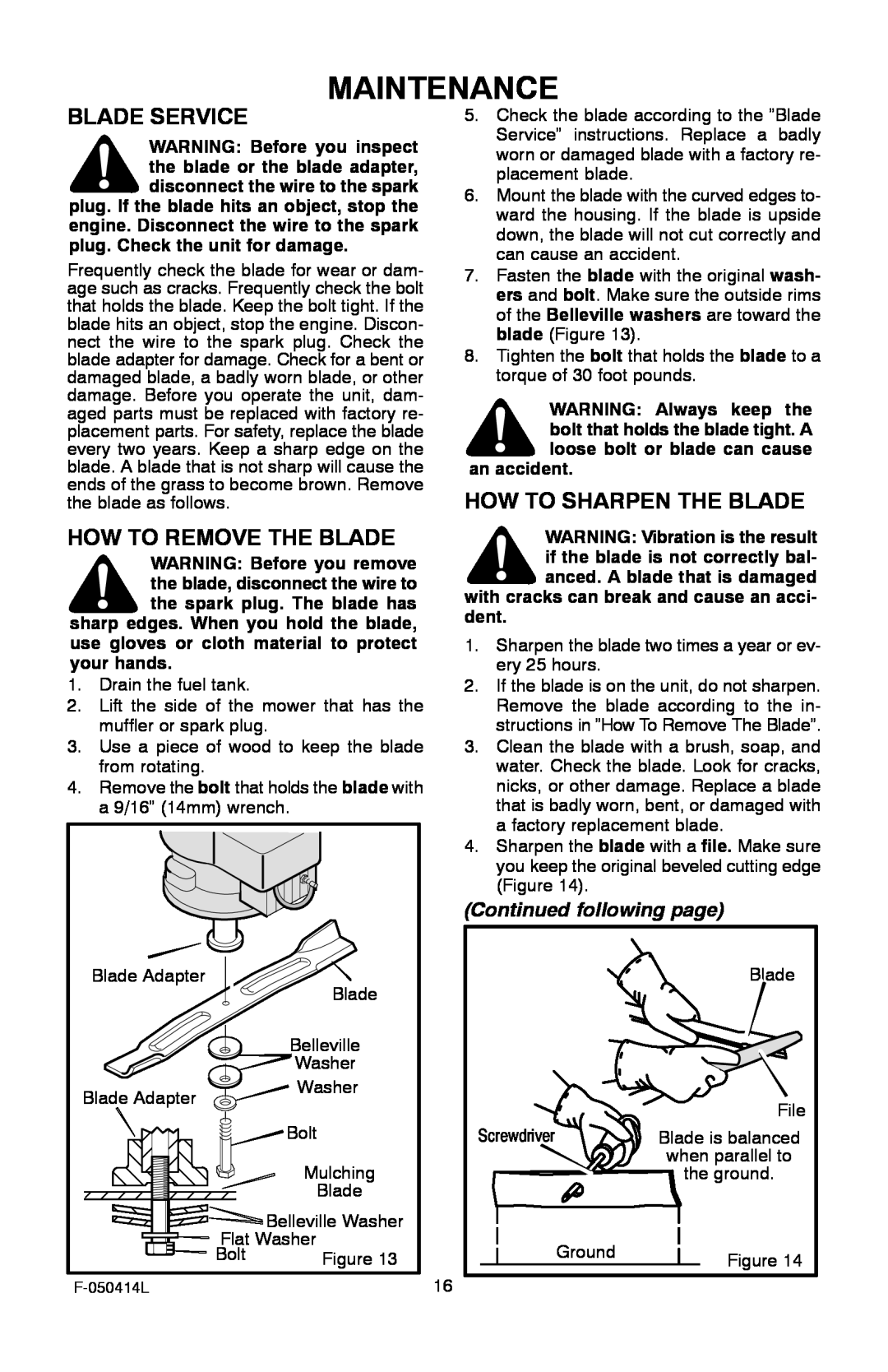 Adams 22 manual Maintenance, Blade Service, How To Sharpen The Blade, How To Remove The Blade, Continued following page 