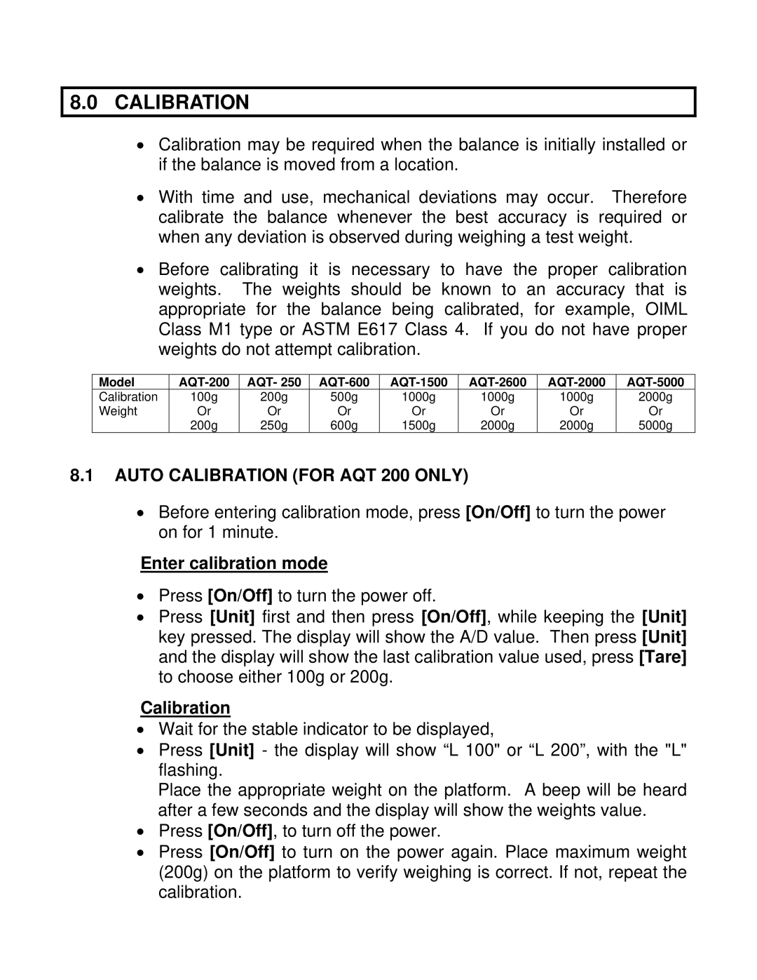 Adams AQT SERIES manual Auto Calibration for AQT 200 only 