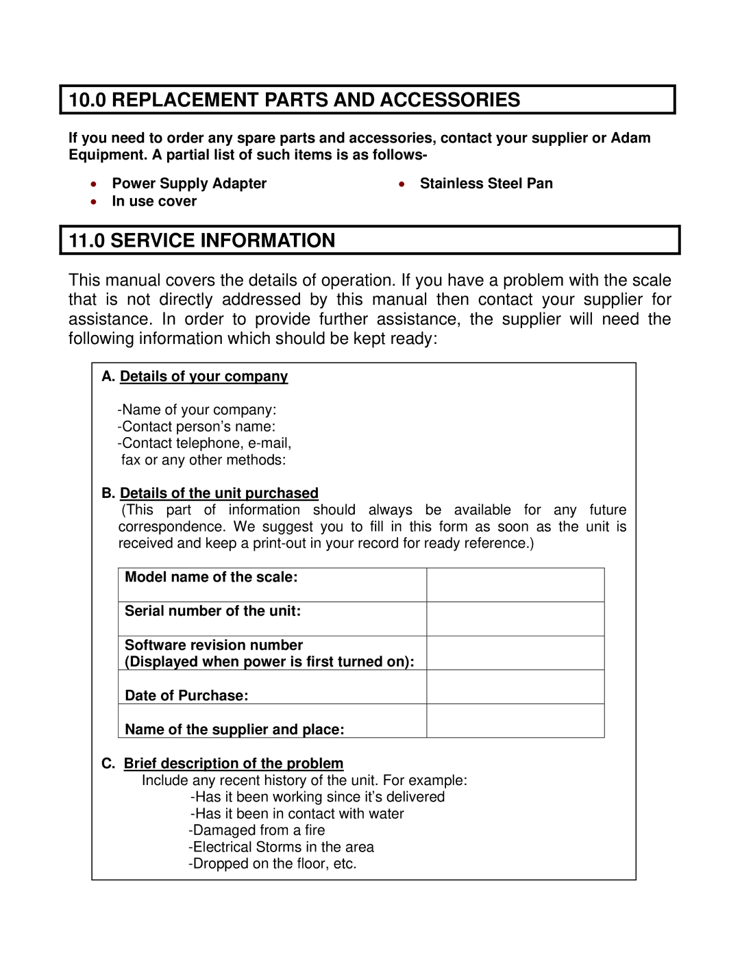 Adams AQT SERIES manual Replacement Parts and Accessories, Service Information 