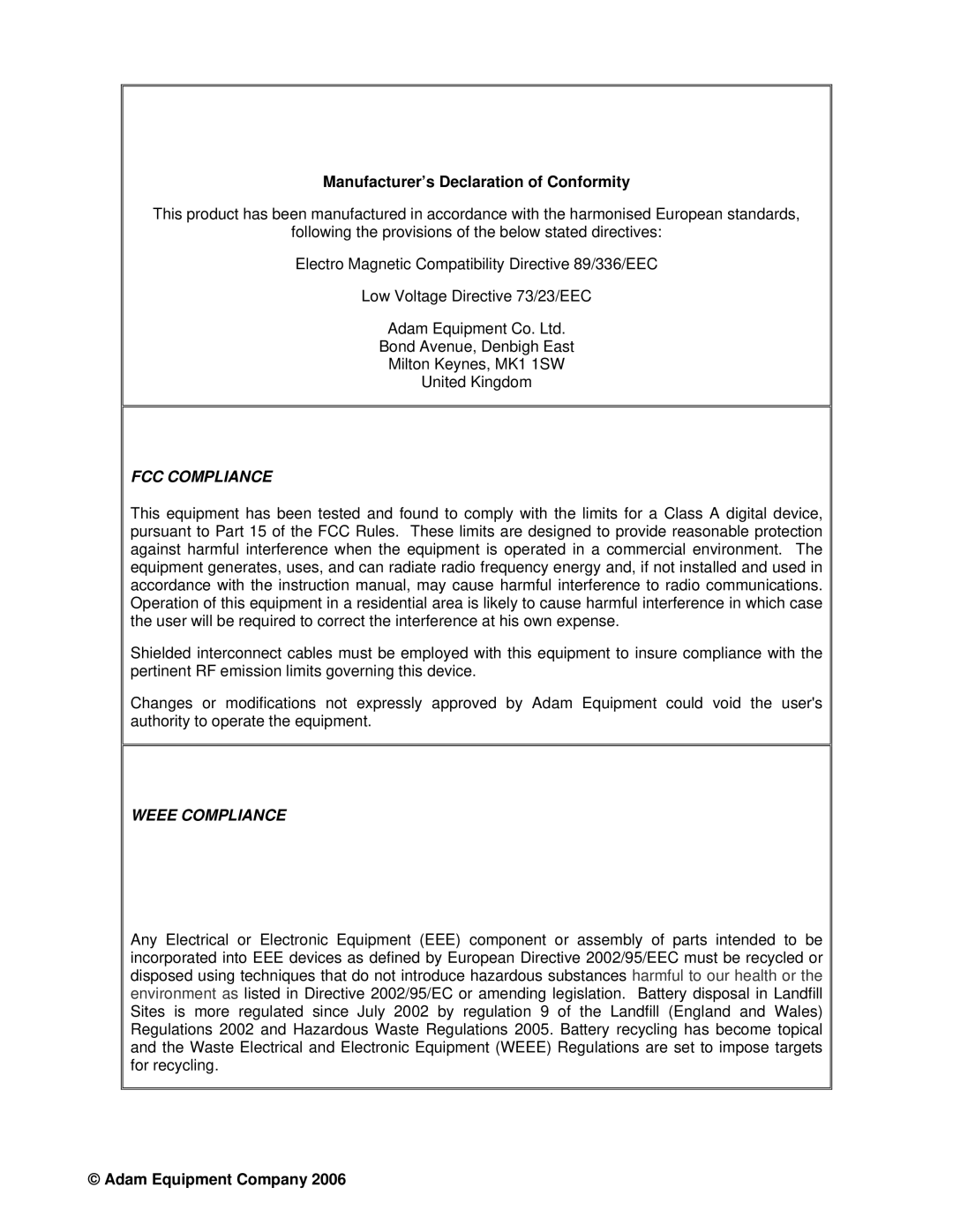 Adams AQT SERIES manual FCC Compliance 