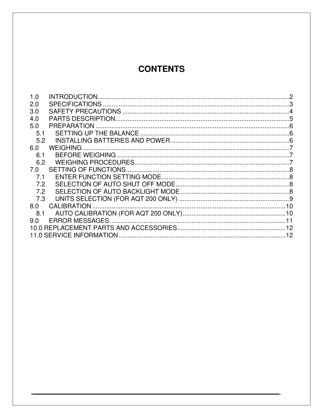 Adams AQT SERIES manual Contents 