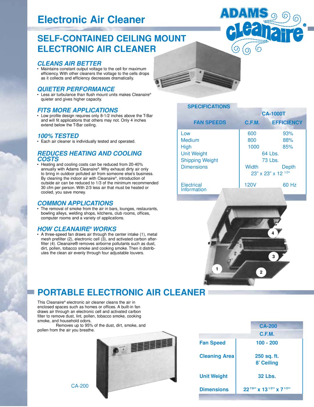 Adams Cleanaire manual SELF-CONTAINED Ceiling Mount Electronic AIR Cleaner, Cleans AIR Better 