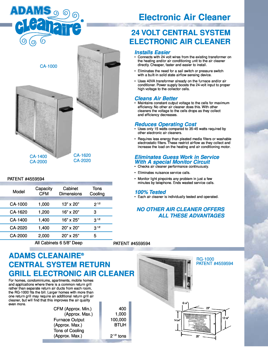 Adams Cleanaire Volt Central System Electronic Air Cleaner, Installs Easier, Cleans Air Better, Reduces Operating Cost 