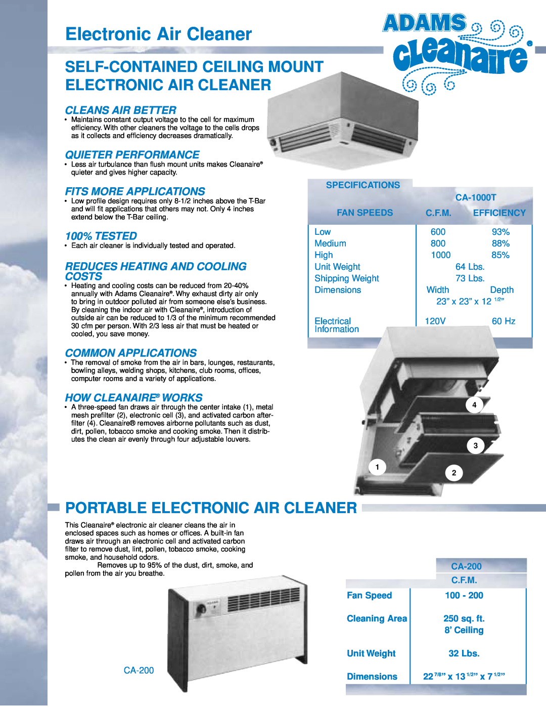 Adams Cleanaire Portable Electronic Air Cleaner, Cleans Air Better, Quieter Performance, Fits More Applications, CA-1000T 