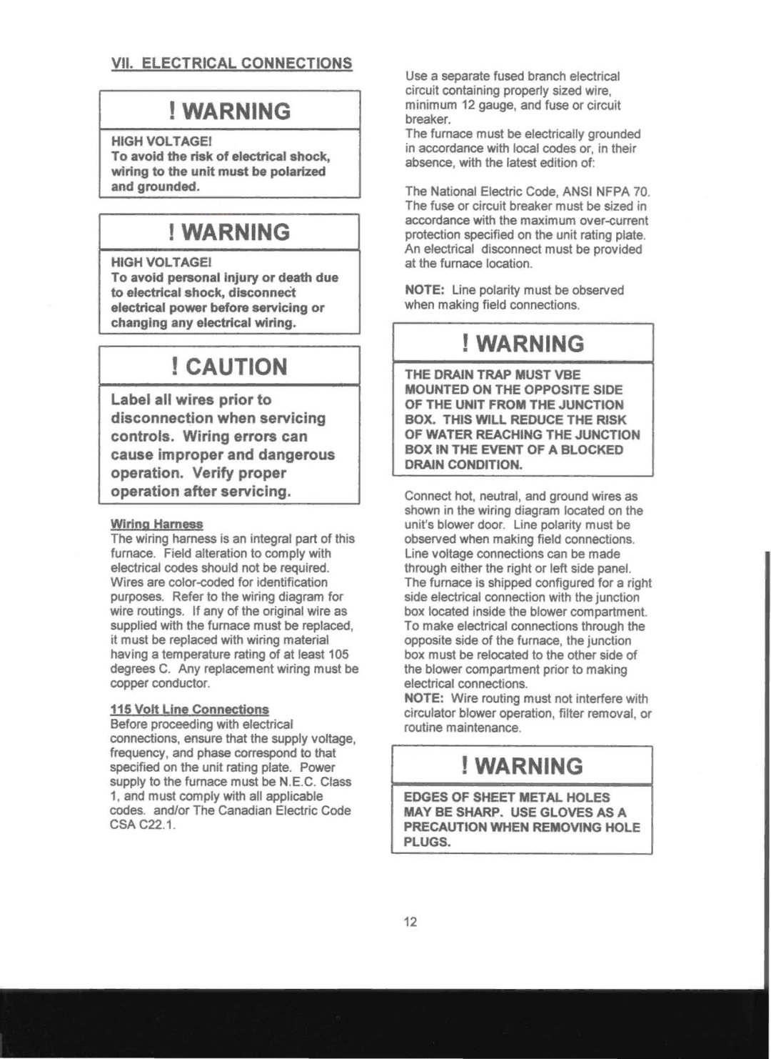 Adams Condensing Oil-Fired Furnace operation manual VII. Electrical Connections, Wiring Harness, Volt Line Connections 