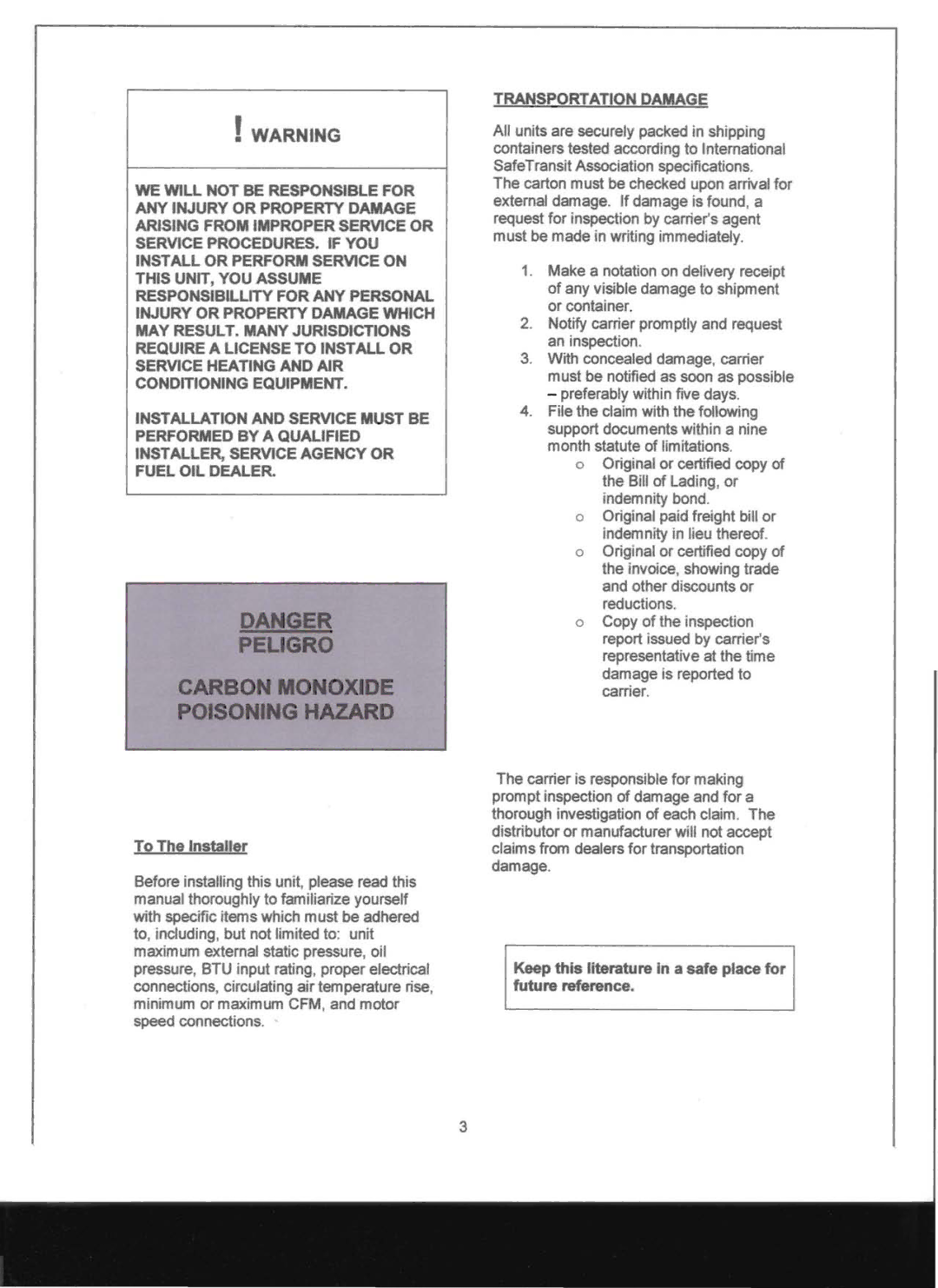 Adams Condensing Oil-Fired Furnace To The Installer, Keep this literature in a safe place for future reference 