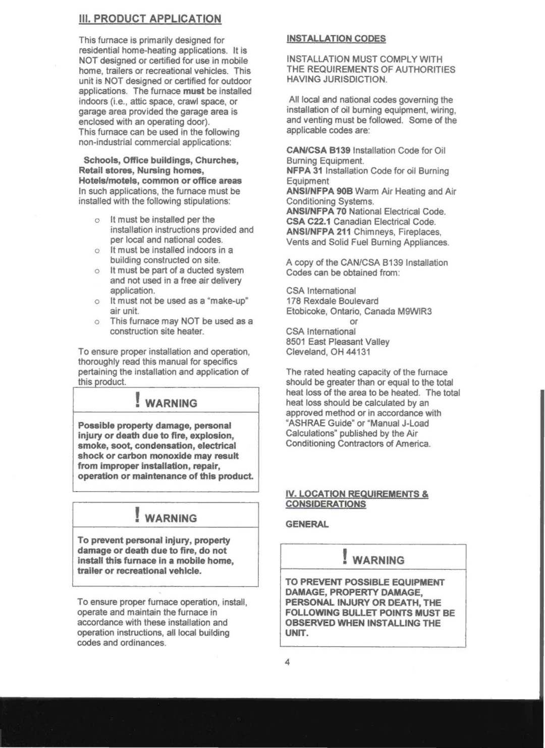 Adams Condensing Oil-Fired Furnace III. Product Application, IV. Location Requirements & Considerations General 