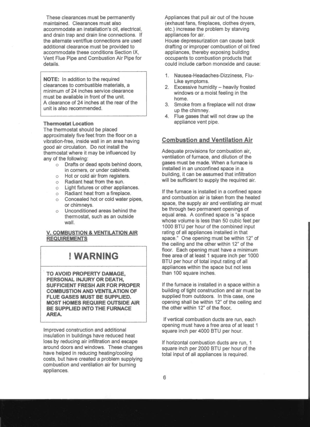 Adams Condensing Oil-Fired Furnace operation manual Combustion and Ventilation Air, Thermostat Location 