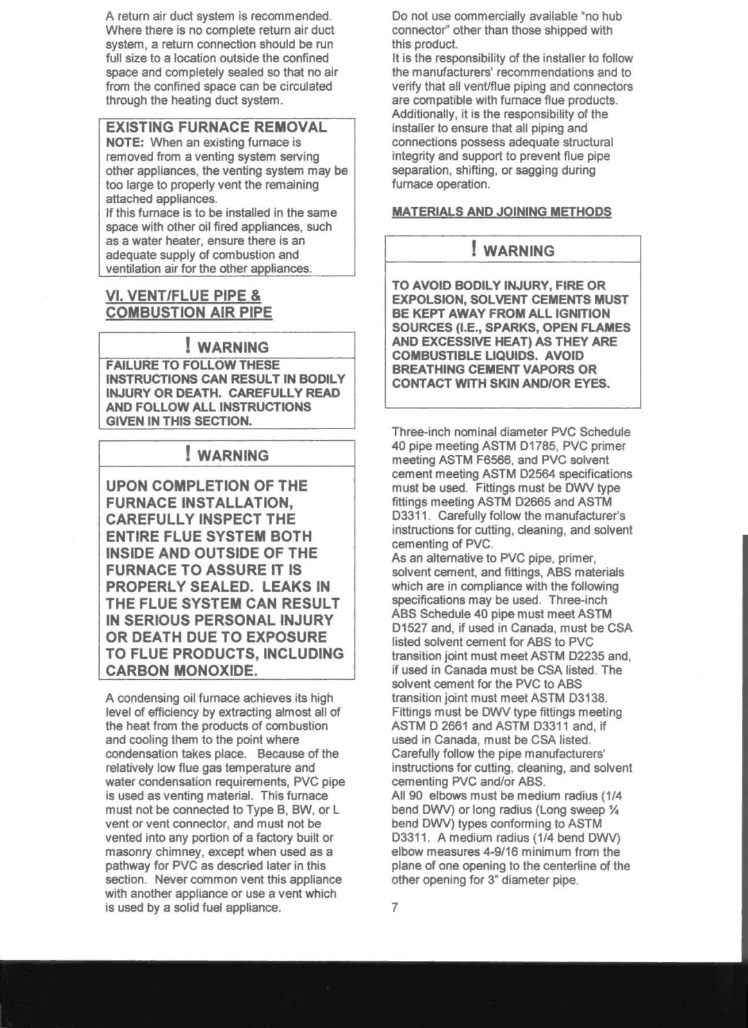 Adams Condensing Oil-Fired Furnace operation manual Existing Furnace Removal, VI. VENT/FLUE Pipe Combustion AIR Pipe 