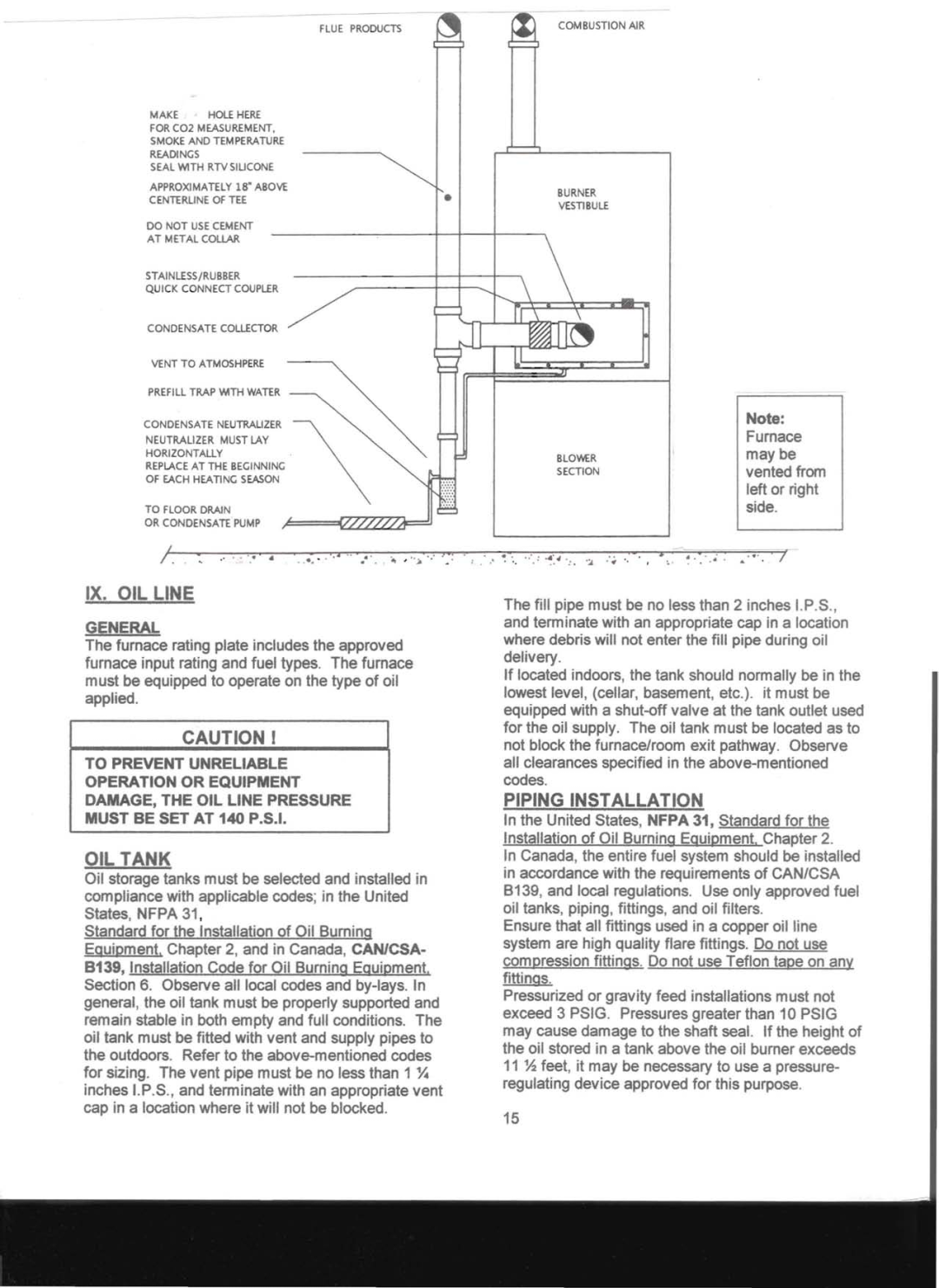Adams Condensing Oil-Fired Furnace operation manual Ix. Oil Line, Oil Tank, Piping Installation 