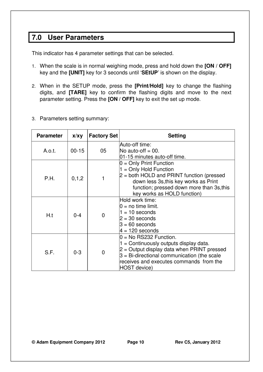 Adams MDW-250L manual User Parameters 