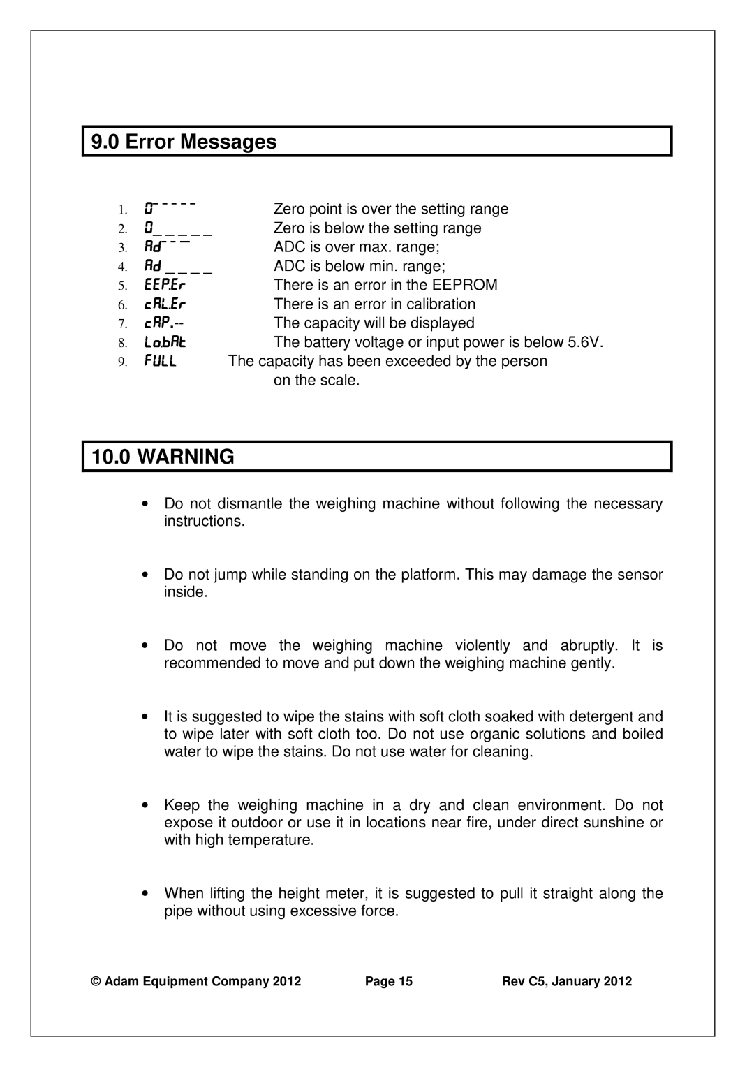 Adams MDW-250L manual Error Messages 