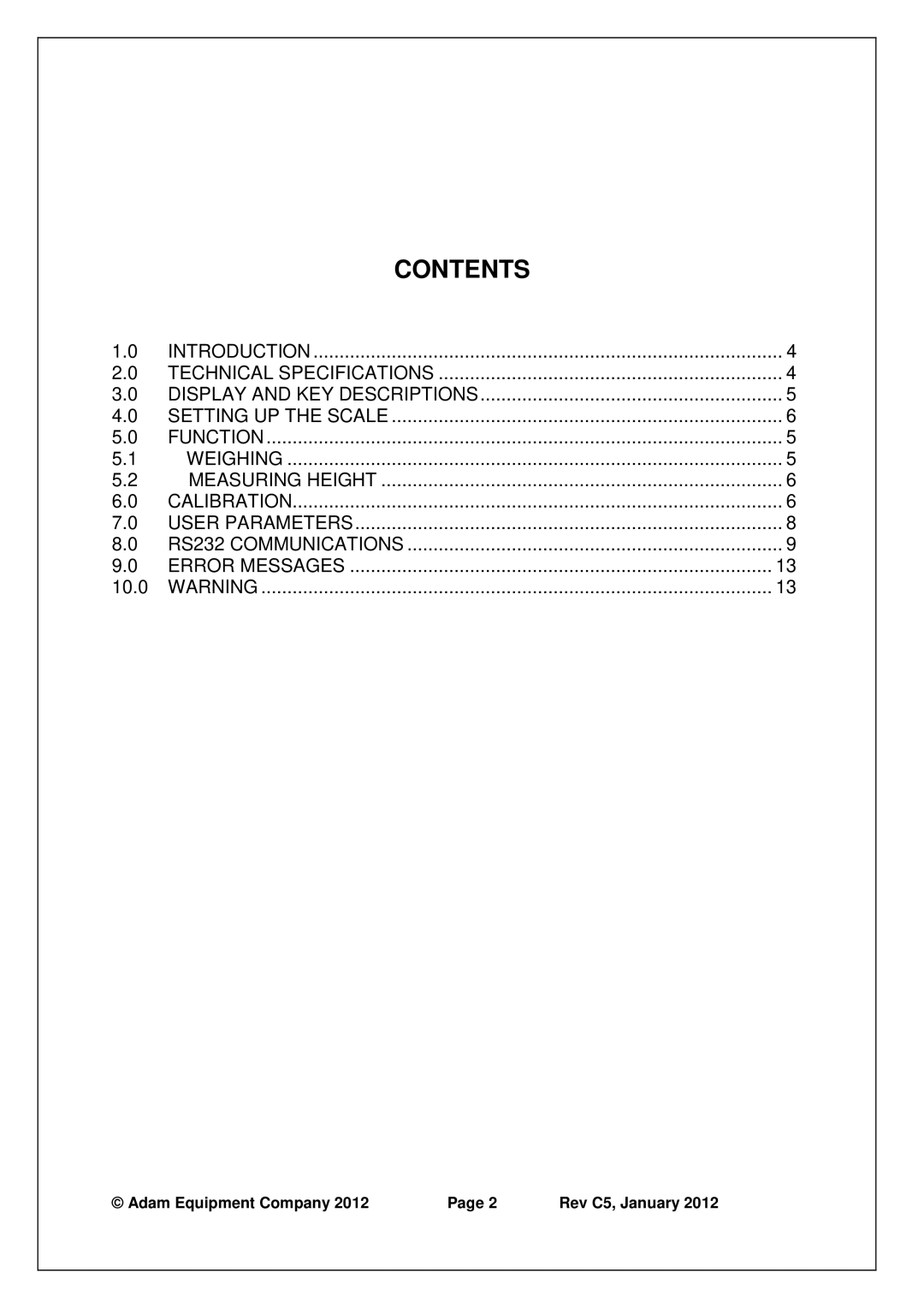 Adams MDW-250L manual Contents 