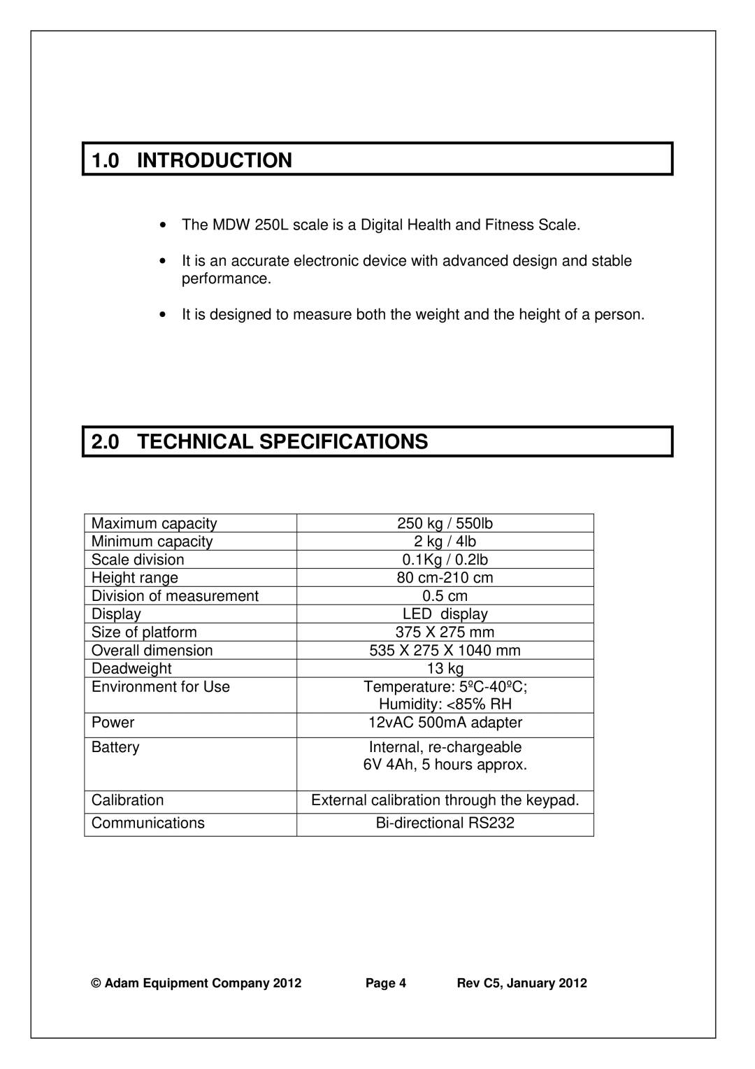 Adams MDW-250L manual Introduction, Technical Specifications 