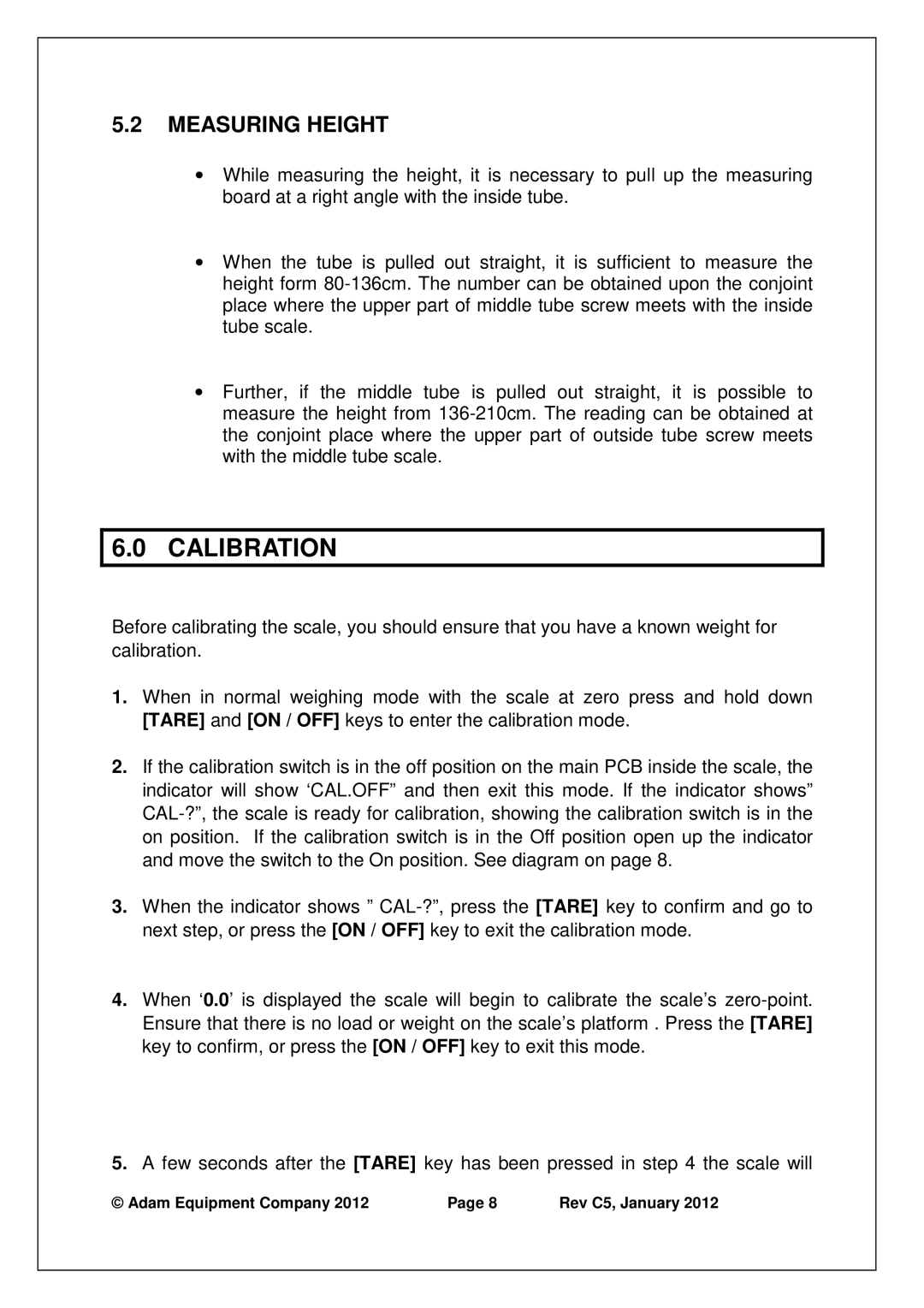 Adams MDW-250L manual Calibration, Measuring Height 