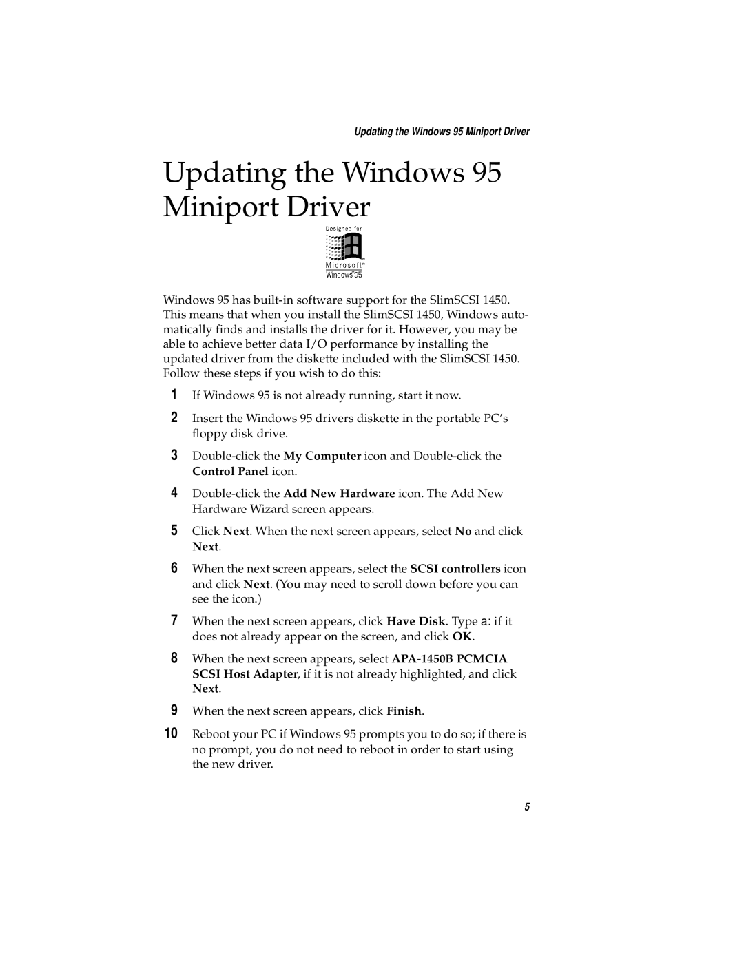 Adaptec 1450 manual Updating the Windows 95 Miniport Driver 