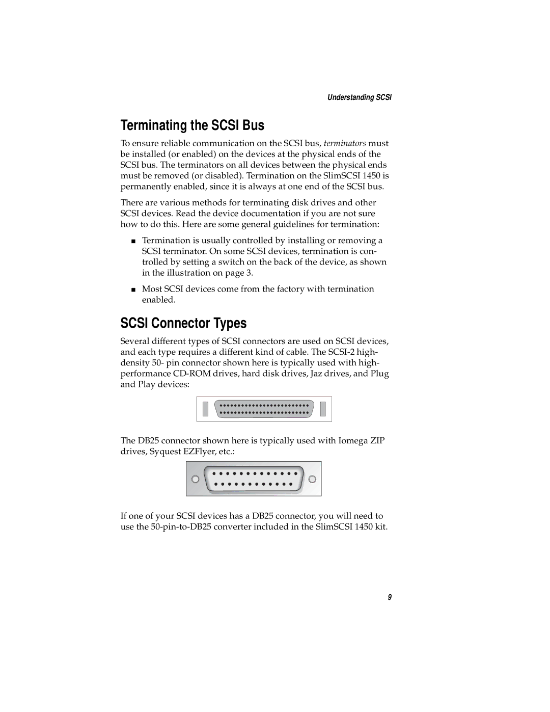 Adaptec 1450 manual Terminating the Scsi Bus, Scsi Connector Types 