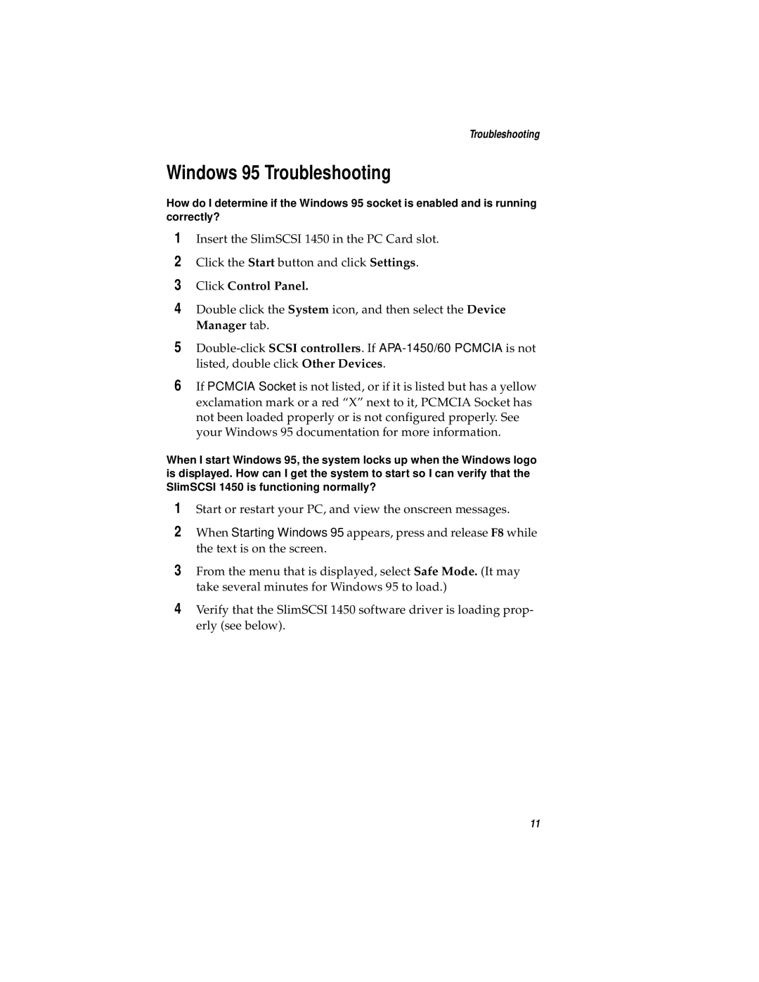 Adaptec 1450 manual Windows 95 Troubleshooting, Click Control Panel 