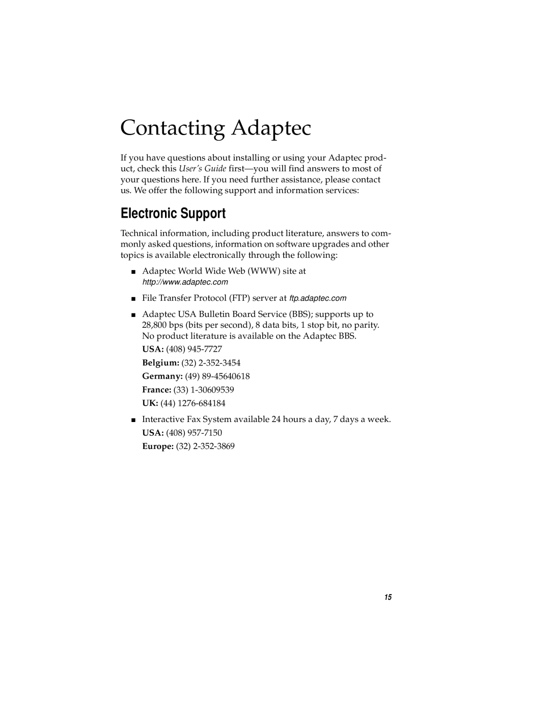 Adaptec 1450 manual Contacting Adaptec, Electronic Support 