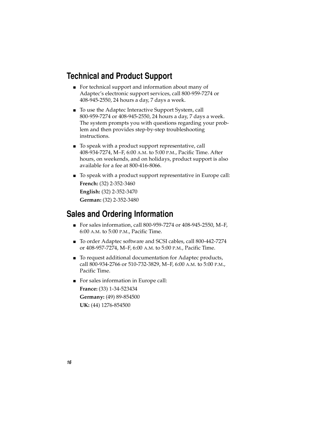 Adaptec 1450 manual Technical and Product Support, Sales and Ordering Information 