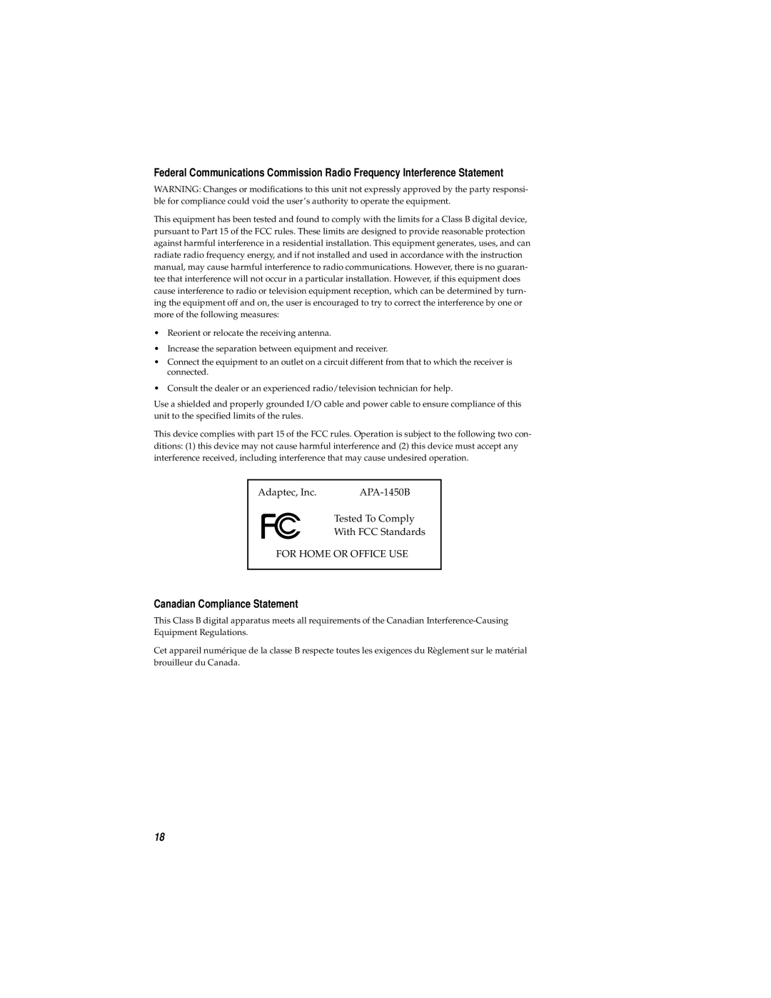 Adaptec 1450 manual Canadian Compliance Statement 