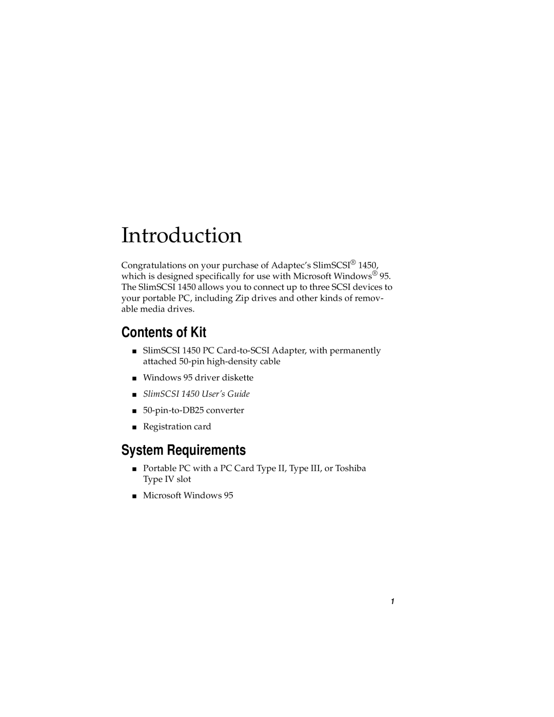 Adaptec 1450 manual Introduction, Contents of Kit, System Requirements 