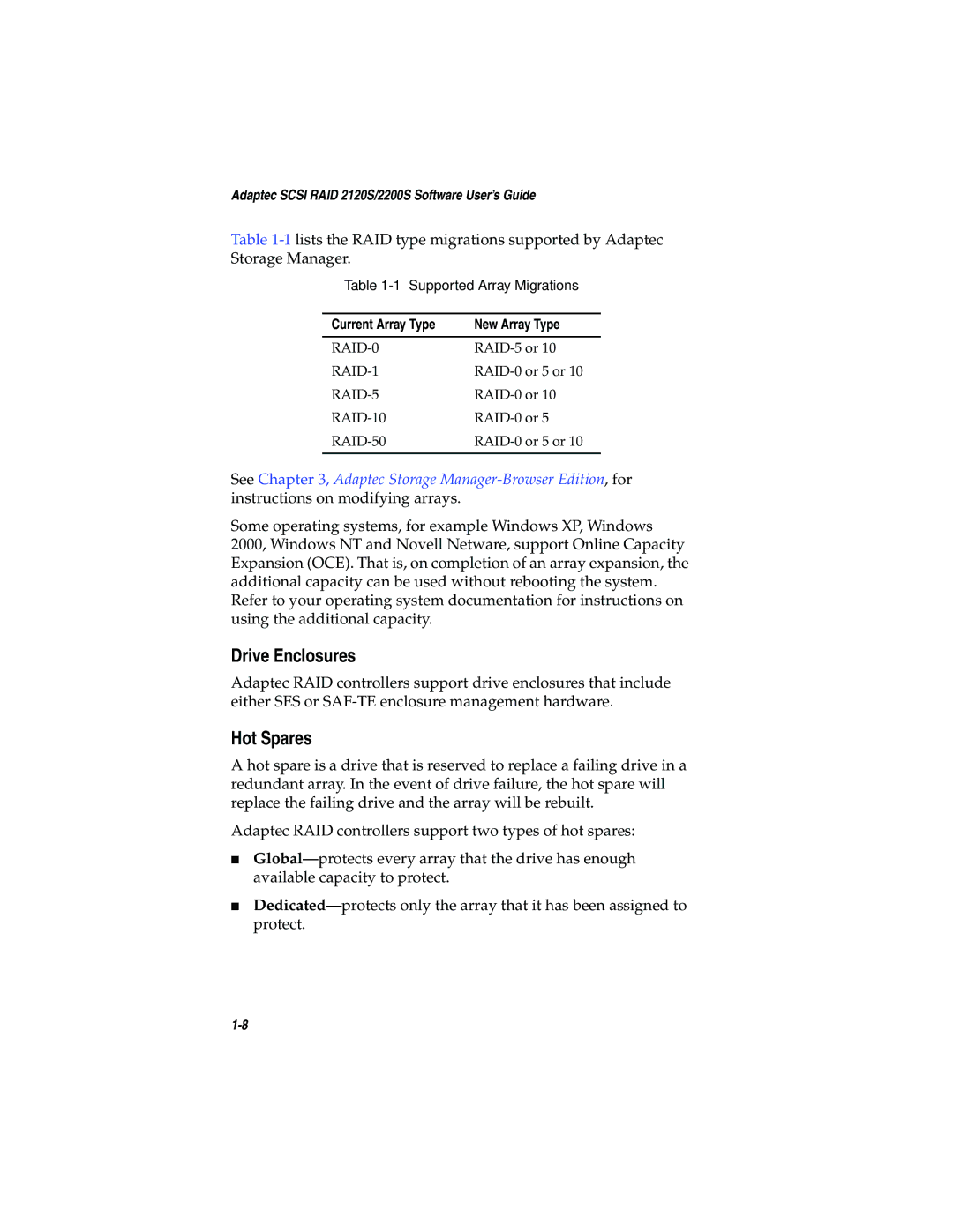 Adaptec 2120S, 2200S manual Drive Enclosures, Hot Spares 
