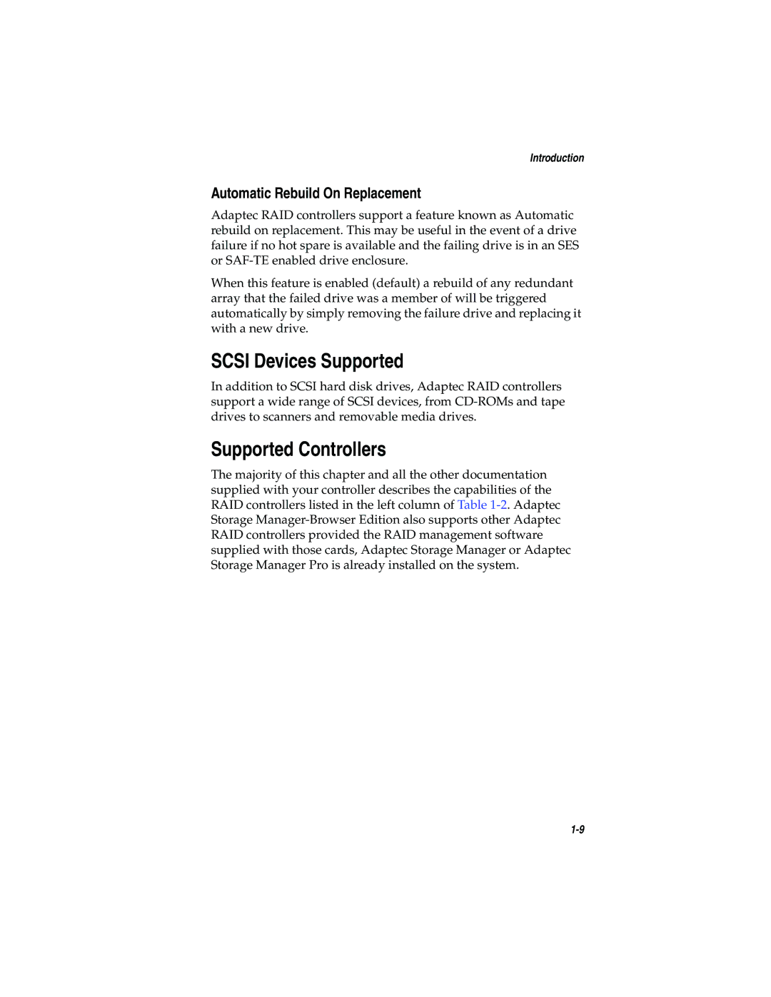 Adaptec 2200S, 2120S manual Scsi Devices Supported, Supported Controllers, Automatic Rebuild On Replacement 