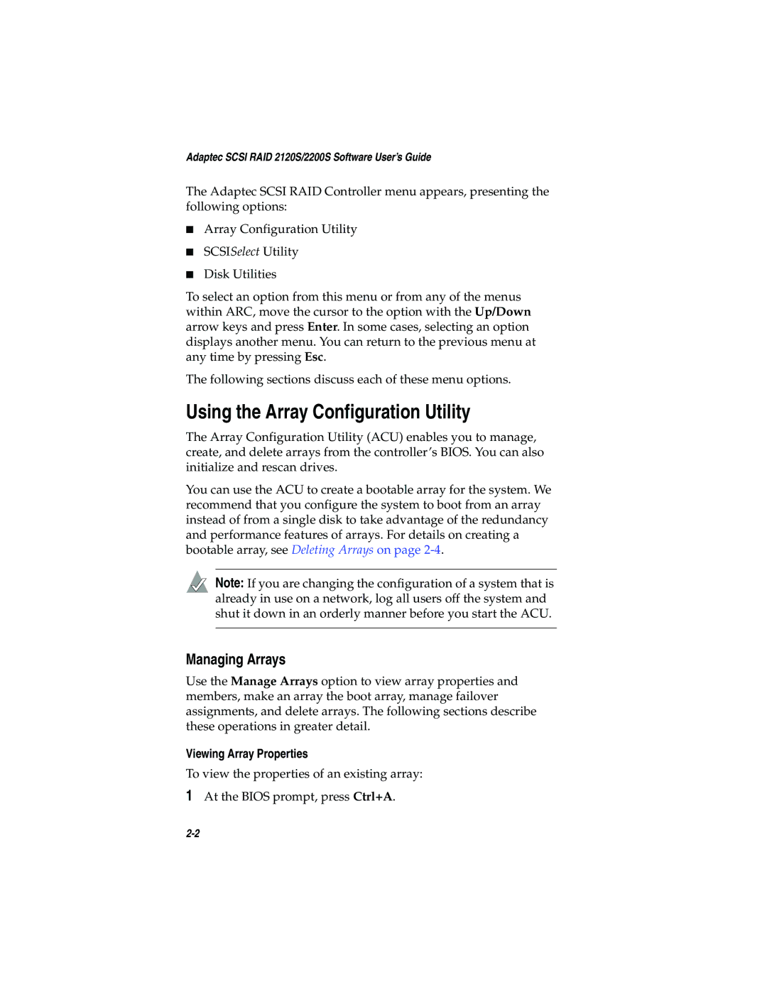 Adaptec 2120S, 2200S manual Using the Array Configuration Utility, Managing Arrays, Viewing Array Properties 