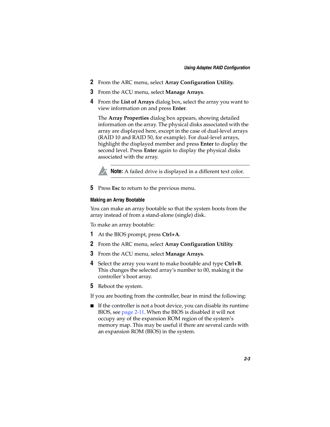 Adaptec 2200S, 2120S manual From the ARC menu, select Array Configuration Utility, Making an Array Bootable 