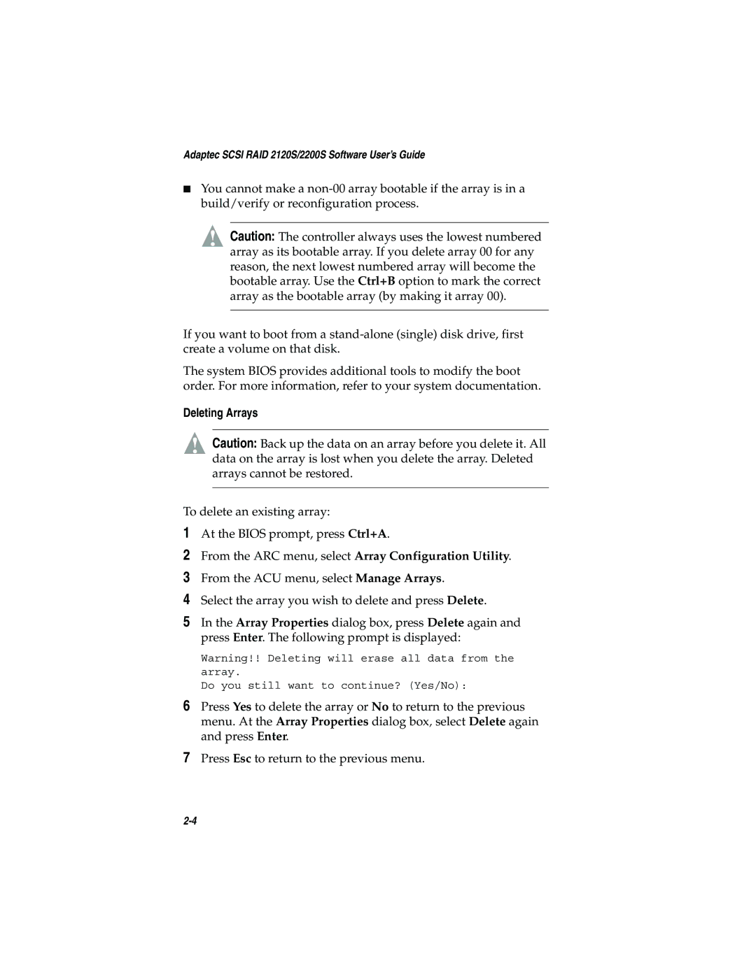 Adaptec 2120S, 2200S manual Deleting Arrays 