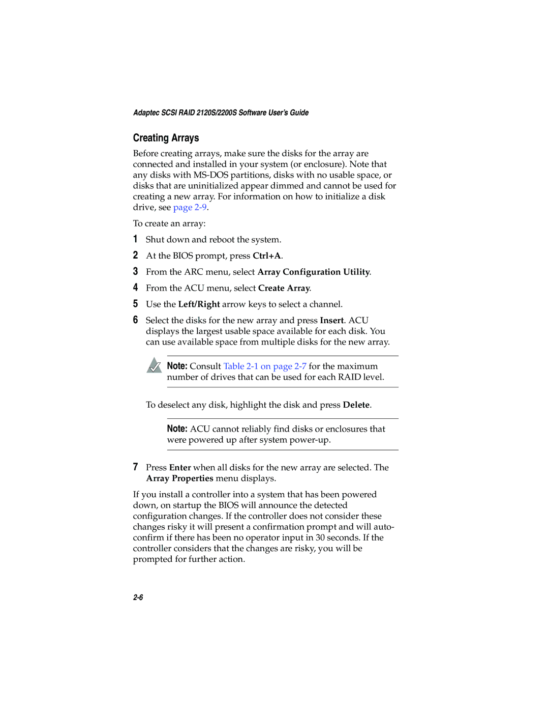 Adaptec 2120S, 2200S manual Creating Arrays 