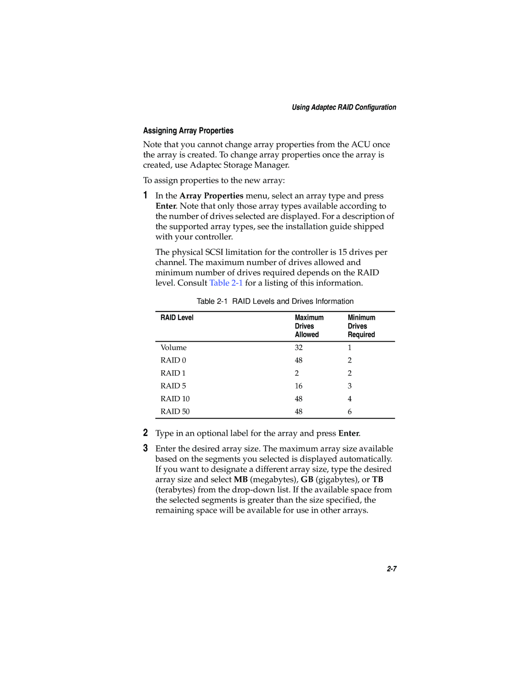 Adaptec 2200S, 2120S manual Assigning Array Properties 