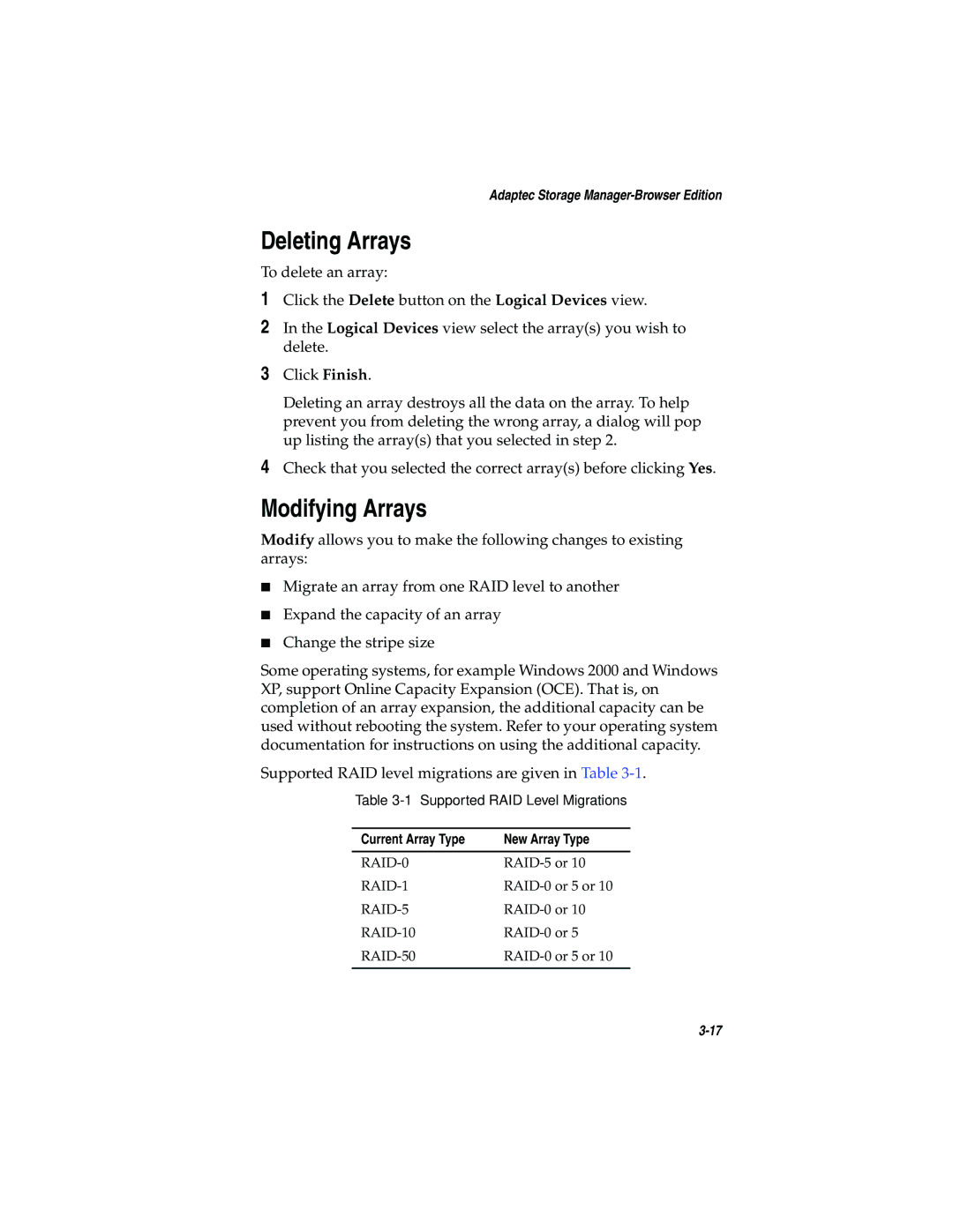 Adaptec 2200S, 2120S manual Deleting Arrays, Modifying Arrays 