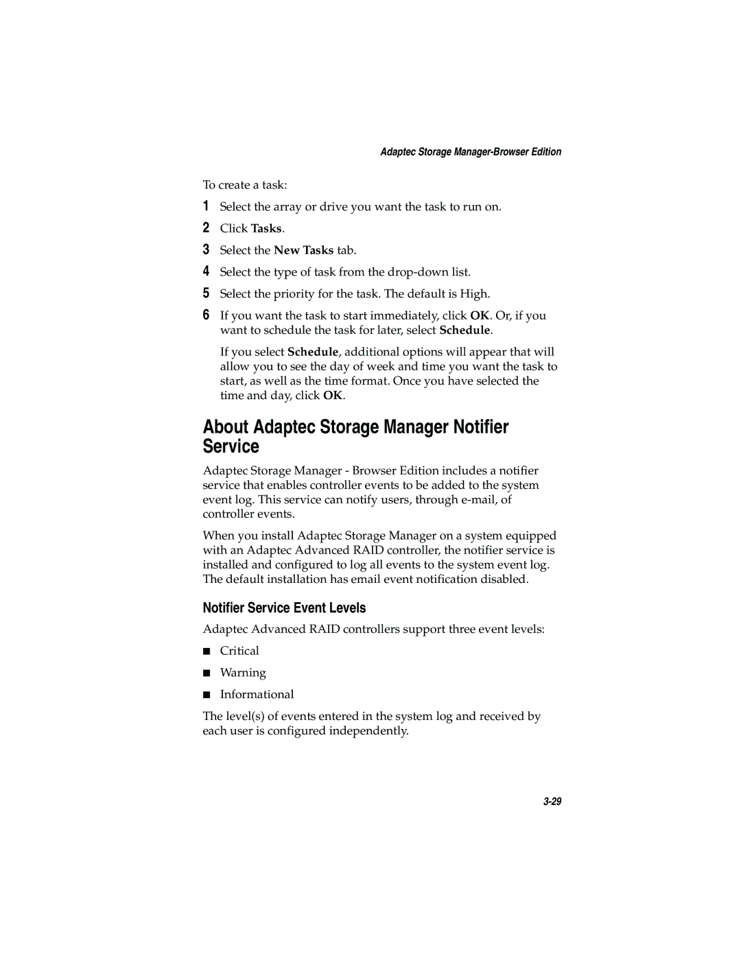 Adaptec 2200S, 2120S manual About Adaptec Storage Manager Notifier Service, Notifier Service Event Levels 