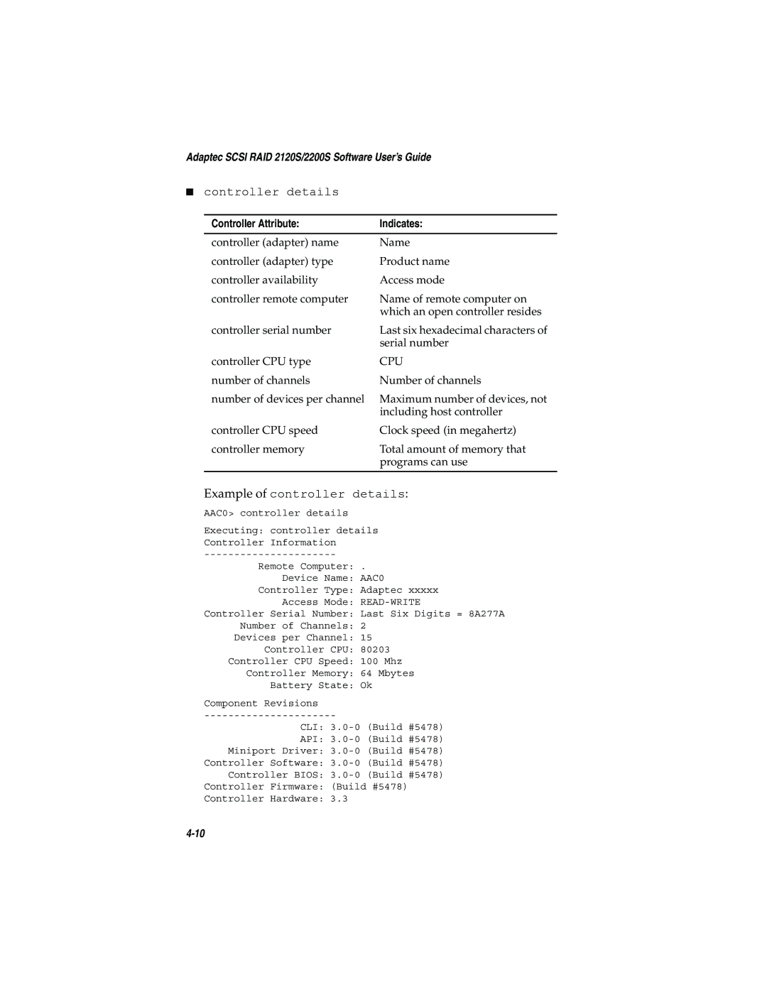 Adaptec 2120S, 2200S manual Example of controller details 