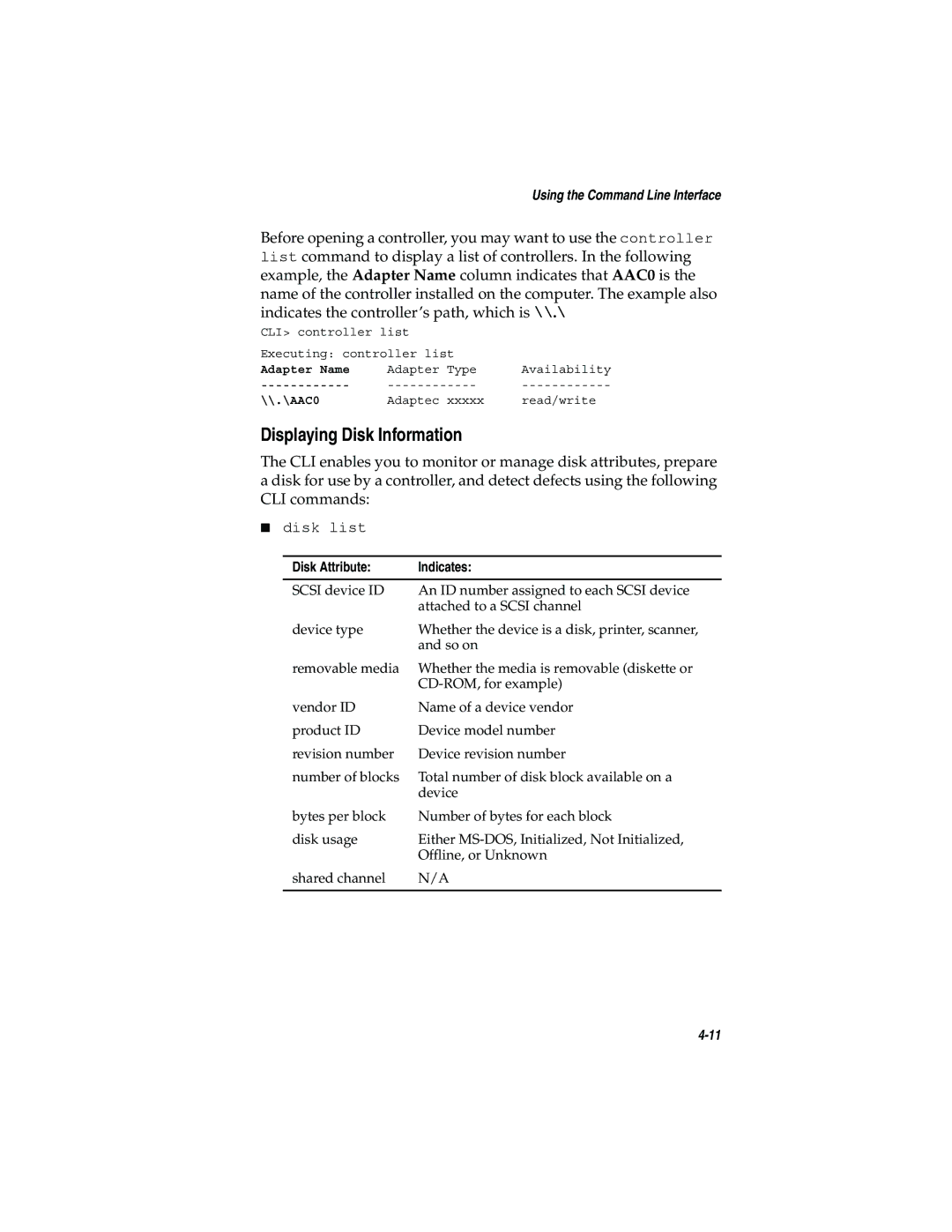 Adaptec 2200S, 2120S manual Displaying Disk Information, Disk list 